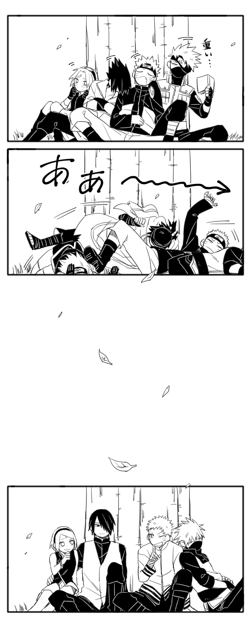 haruno sakura, uzumaki naruto, uchiha sasuke, and hatake kakashi (naruto) drawn by jomae_dayo