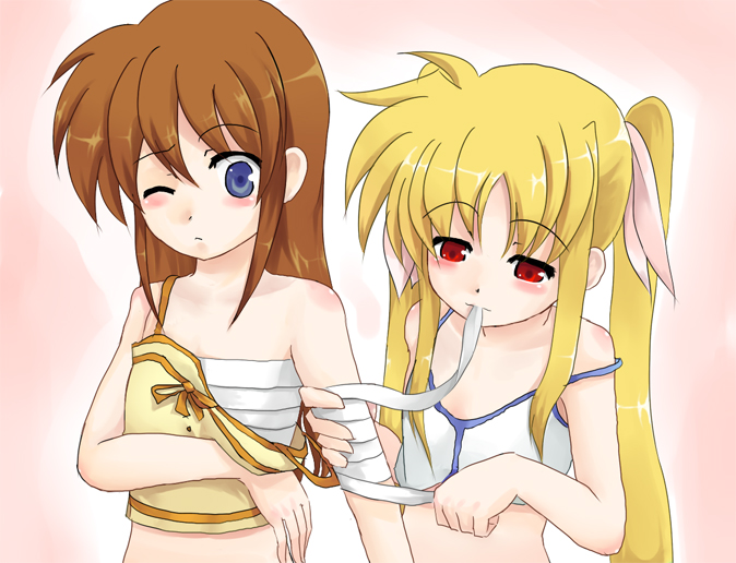 fate testarossa and takamachi nanoha (lyrical nanoha and 2 more) drawn by pizanuko