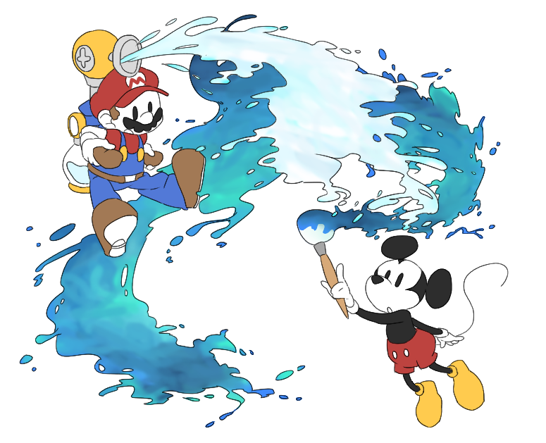 mario, mickey mouse, and f.l.u.d.d. (mario and 3 more) drawn by riomario