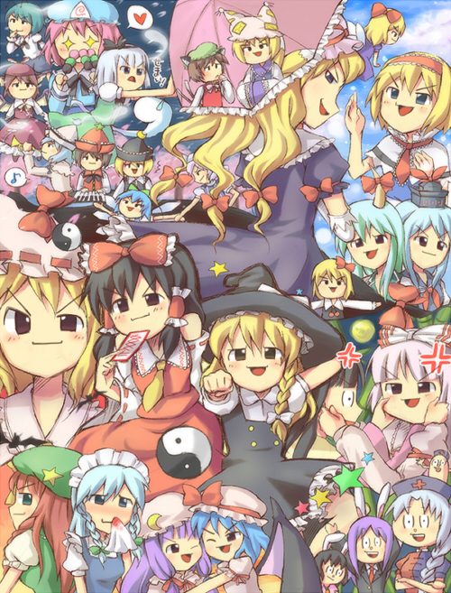 hakurei reimu, remilia scarlet, flandre scarlet, izayoi sakuya, konpaku youmu, and 24 more (touhou) drawn by kuguri_oimo