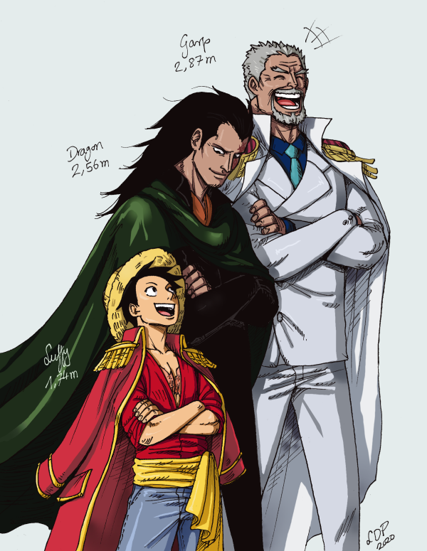 monkey d. luffy, monkey d. garp, and monkey d. dragon (one piece) drawn by ladydeadpooly