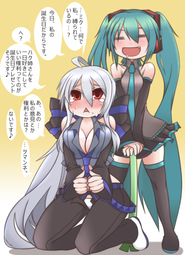 hatsune miku and yowane haku (vocaloid) drawn by niwakaame_(amayadori)