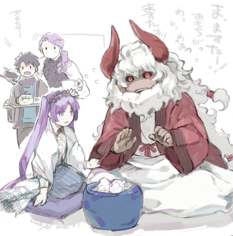 fujimaru ritsuka, euryale, asterios, and mephistopheles (fate and 1 more) drawn by aves_plumbum9