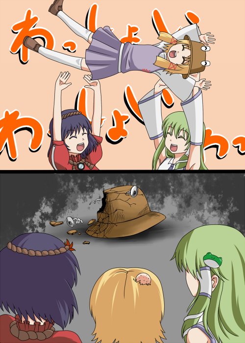 kochiya sanae, moriya suwako, yasaka kanako, and pyonta (touhou) drawn by zetsumame