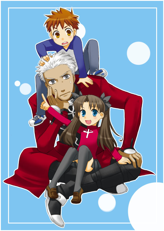 tohsaka rin, emiya shirou, and archer (fate and 1 more) drawn by engeiseikatu