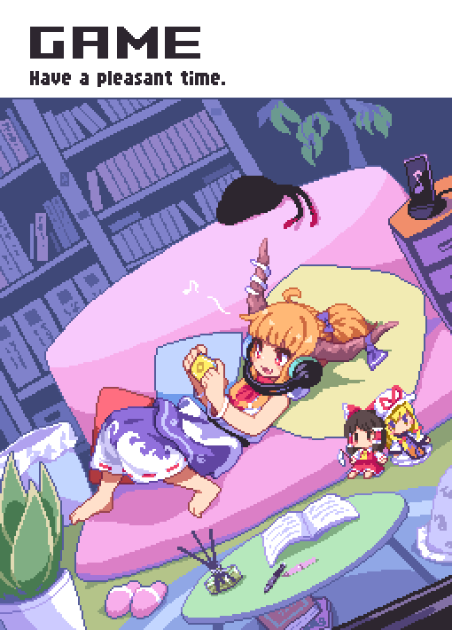 hakurei reimu, yakumo yukari, kaenbyou rin, and ibuki suika (touhou) drawn by kumamoto_(bbtonhk2)