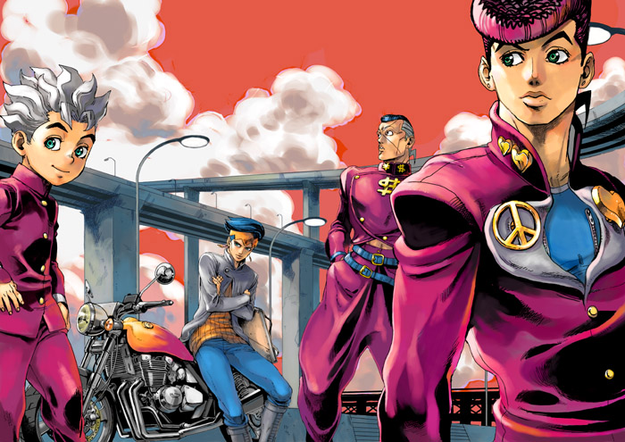 higashikata josuke, kishibe rohan, nijimura okuyasu, and hirose koichi (jojo no kimyou na bouken and 1 more) drawn by mahito_(tranjistor)