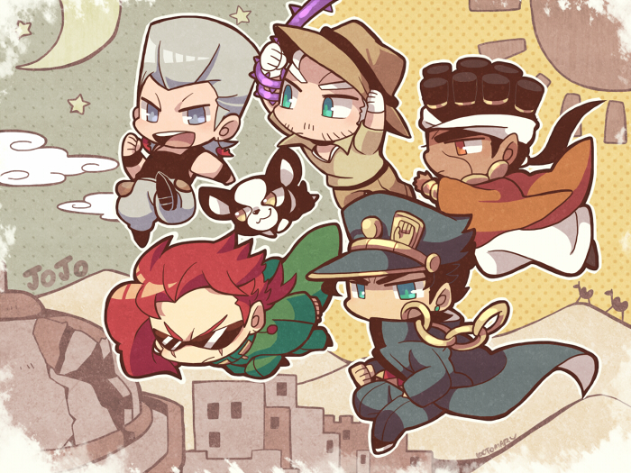 joseph joestar, kujo jotaro, kakyoin noriaki, jean pierre polnareff, mohammed avdol, and 1 more (jojo no kimyou na bouken and 1 more) drawn by kotorai