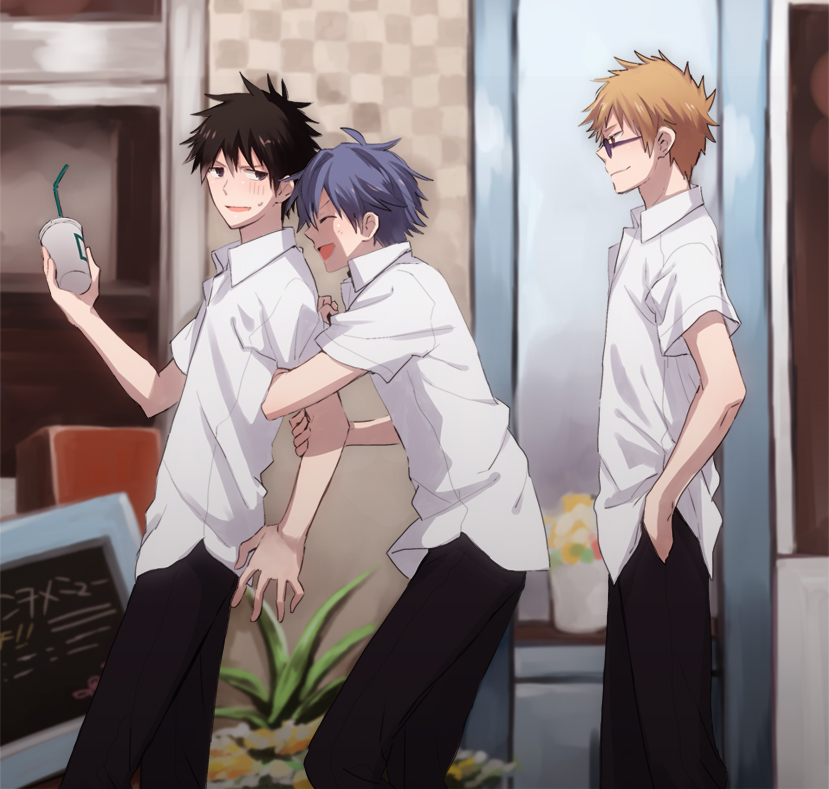 kamijou touma, tsuchimikado motoharu, and aogami pierce (toaru majutsu no index) drawn by saya_(sayaz)