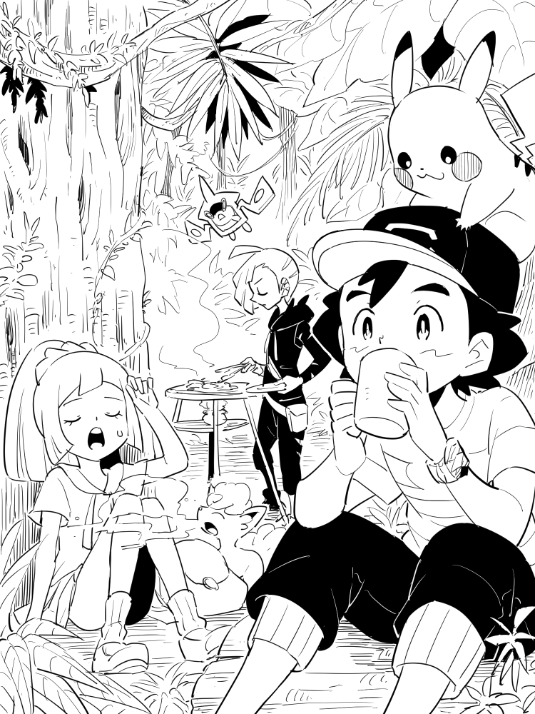 pikachu, lillie, ash ketchum, rotom, gladion, and 2 more (pokemon and 1 more) drawn by djmn_c