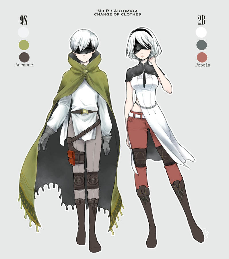2b, 9s, popola, and anemone (nier and 1 more) drawn by hira_(otemoto84)