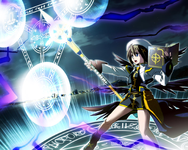 yagami hayate, schwertkreuz, and tome of the night sky (lyrical nanoha and 3 more) drawn by tsuta_no_ha