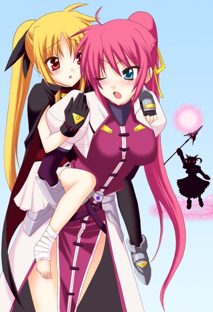 fate testarossa, takamachi nanoha, raising heart, and signum (lyrical nanoha and 2 more) drawn by saki_chisuzu