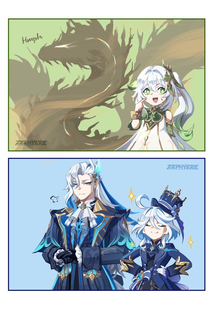 furina, nahida, neuvillette, and apep (genshin impact) drawn by zephyere