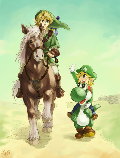 link, luigi, toon link, yoshi, and epona (the legend of zelda and 2 more) drawn by sen_(sen69)
