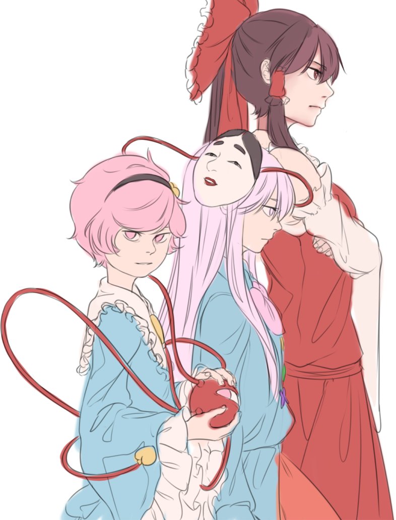 hakurei reimu, komeiji satori, and hata no kokoro (touhou) drawn by mefomefo