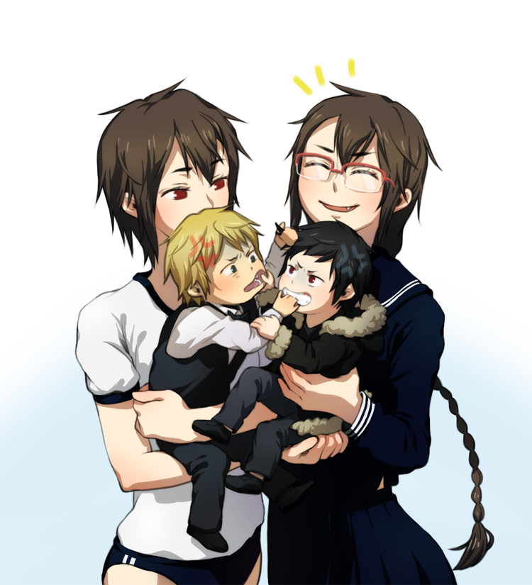 orihara izaya, heiwajima shizuo, orihara mairu, and orihara kururi (durarara!!) drawn by oranngi