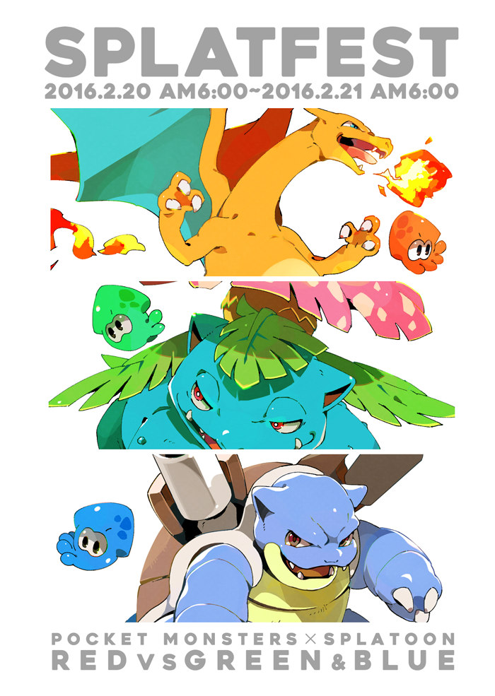 inkling player character, charizard, venusaur, and blastoise (pokemon and 2 more) drawn by tetori