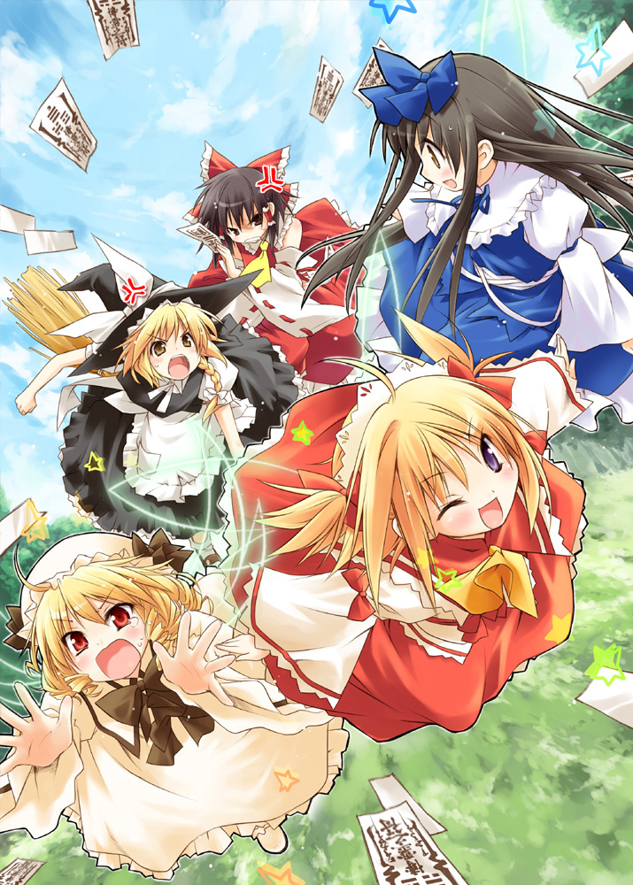 hakurei reimu, kirisame marisa, star sapphire, luna child, and sunny milk (touhou) drawn by eretto