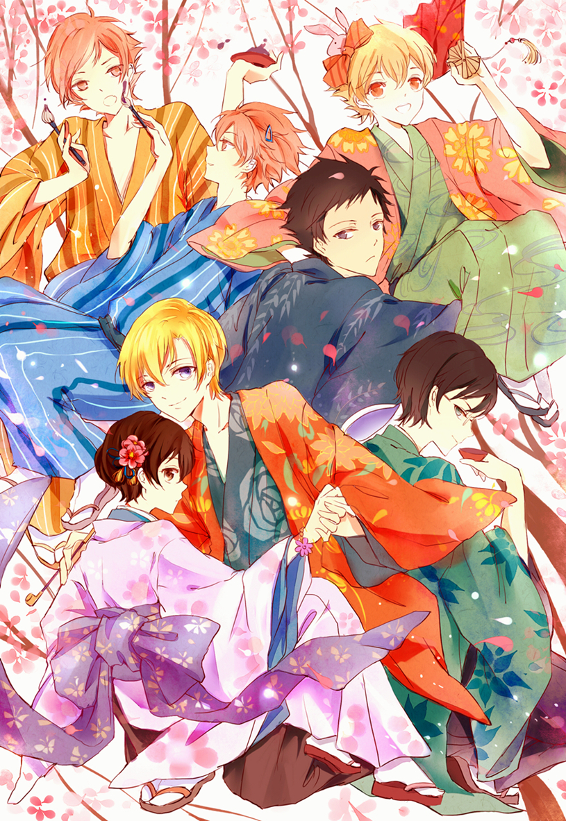 fujioka haruhi, suou tamaki, hitachiin hikaru, hitachiin kaoru, haninozuka mitsukuni, and 2 more (ouran high school host club) drawn by rainy_cheese