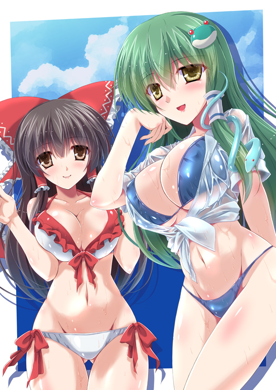 hakurei reimu and kochiya sanae (touhou) drawn by yamu_(reverse_noise)