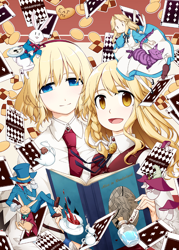 kirisame marisa, alice margatroid, alice, white rabbit, cheshire cat, and 2 more (touhou and 1 more) drawn by sakuraba_yuuki