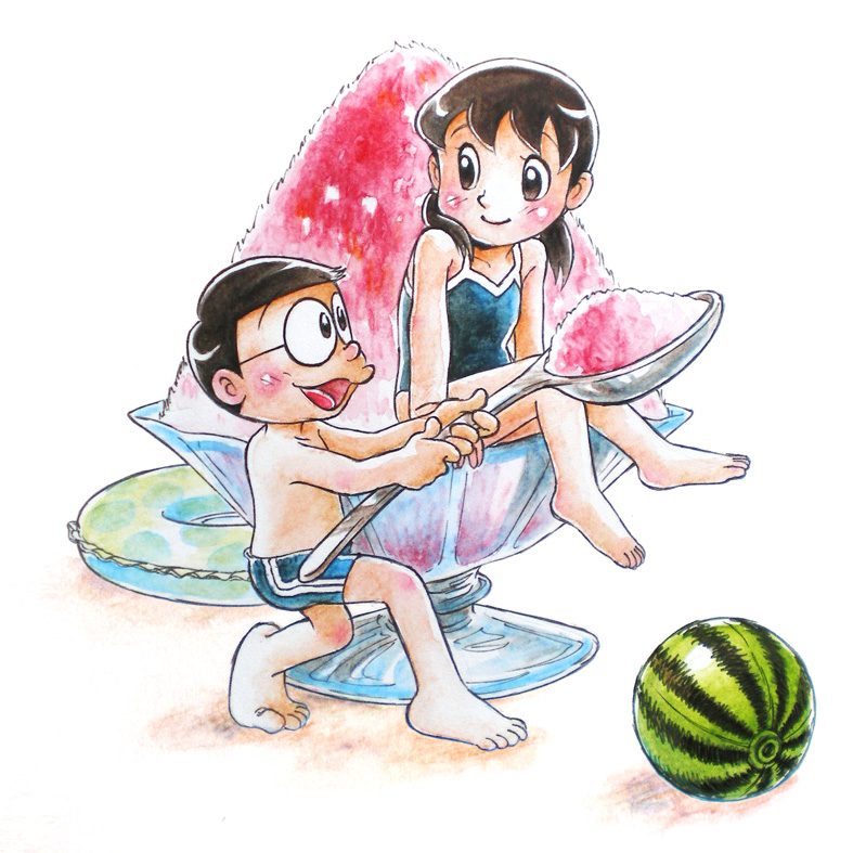 minamoto shizuka and nobi nobita (doraemon) drawn by yoneemon