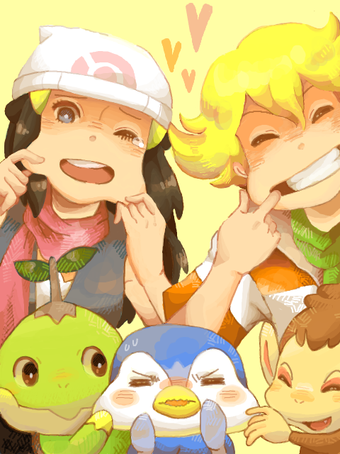 dawn, piplup, barry, turtwig, and chimchar (pokemon and 2 more) drawn by hacohune