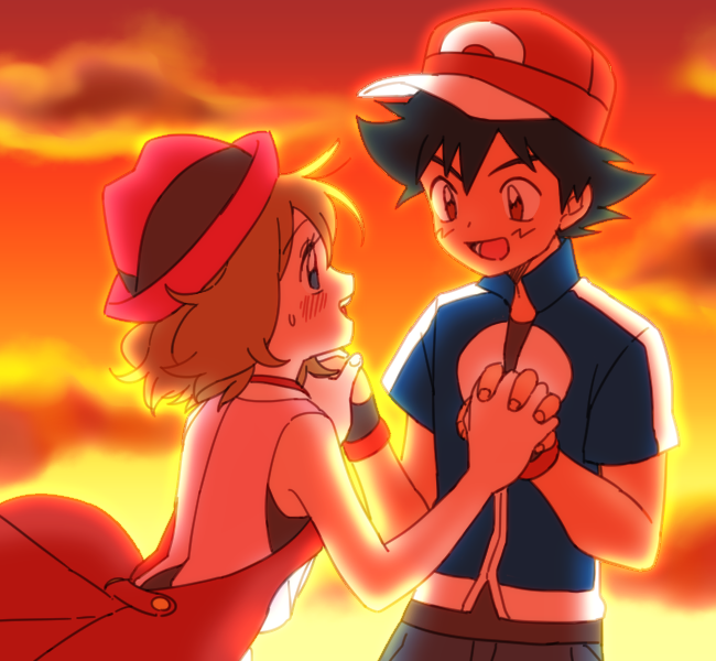 ash ketchum and serena (pokemon and 1 more) drawn by moyori