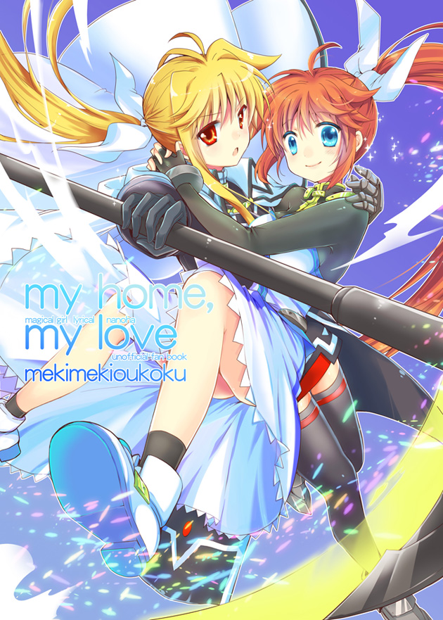 fate testarossa, takamachi nanoha, and bardiche (lyrical nanoha and 1 more) drawn by mekimeki