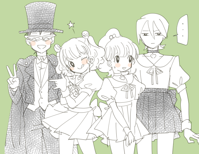 tuxedo kamen, rie-chan, sanae-chan, reo-kun, and sugi-kun (bishoujo senshi sailor moon and 2 more) drawn by sgwyi