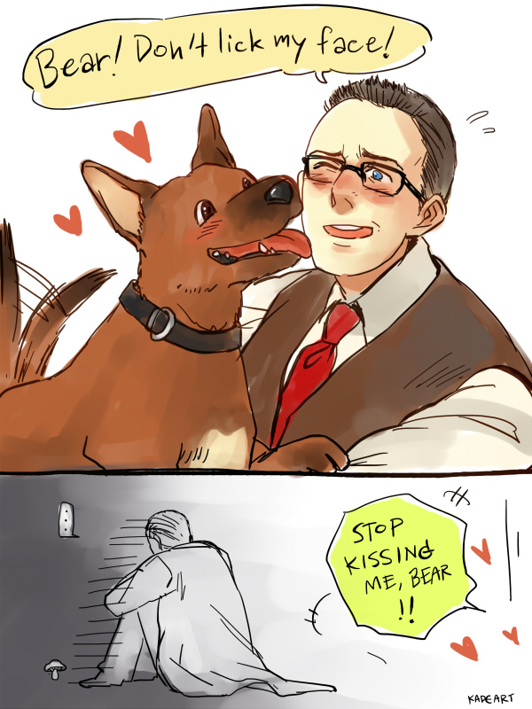 john reese, harold finch, and bear (person of interest) drawn by kadeart
