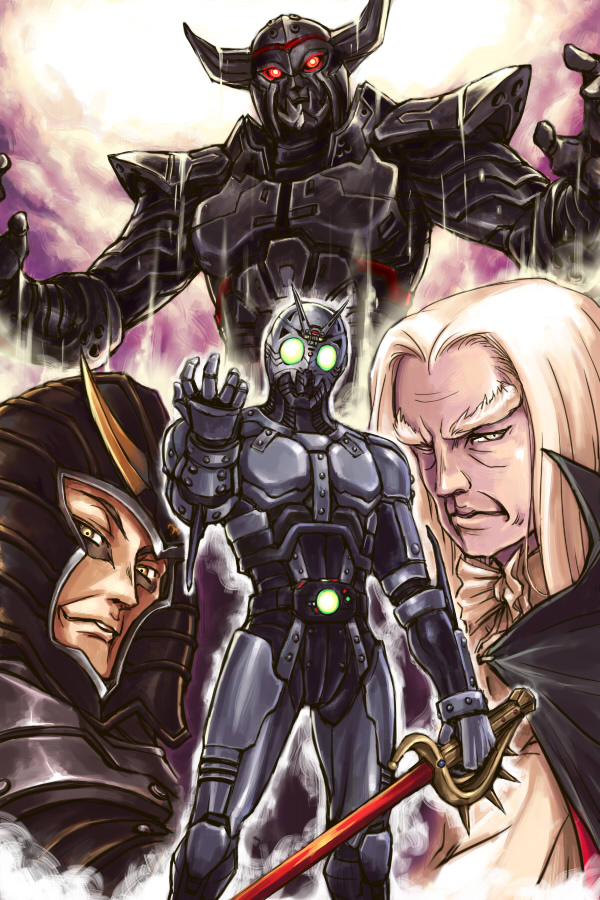shadow moon, king dark, doctor shinigami, and ambassador hell (kamen rider and 3 more) drawn by akihidekawa_kobaya