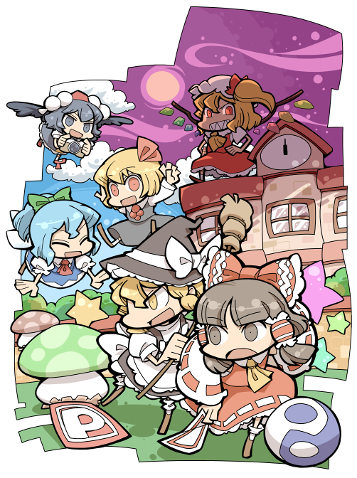 hakurei reimu, kirisame marisa, flandre scarlet, cirno, shameimaru aya, and 1 more (touhou and 1 more) drawn by hounori