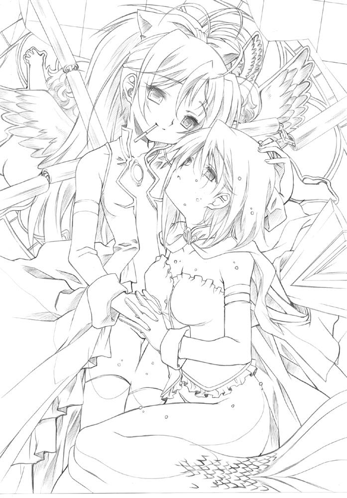 miki sayaka and sakura kyoko (mahou shoujo madoka magica) drawn by senomoto_hisashi