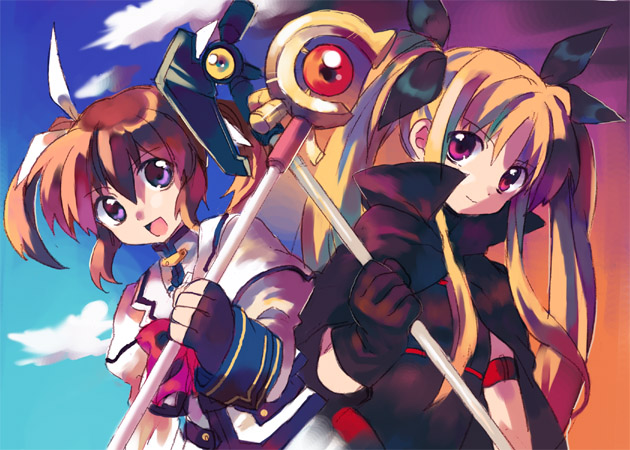 fate testarossa, takamachi nanoha, raising heart, and bardiche (lyrical nanoha and 2 more) drawn by shatiko