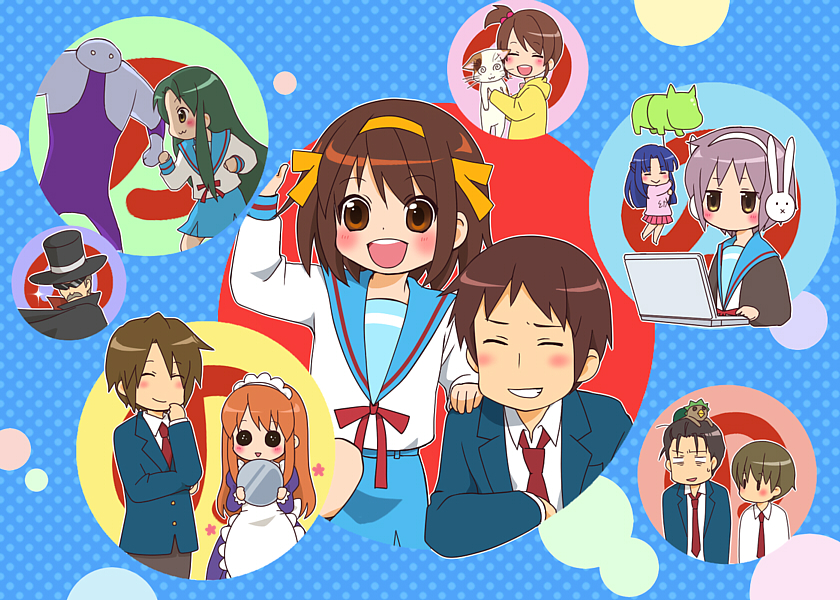 suzumiya haruhi, nagato yuki, asahina mikuru, kyon, asakura ryoko, and 10 more (suzumiya haruhi no yuuutsu and 1 more) drawn by moffunnyo