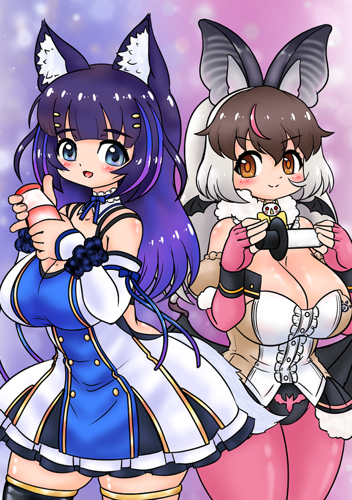 brown long-eared bat and yoshibana kokoro (kemono friends and 2 more) drawn by edamamezooooo