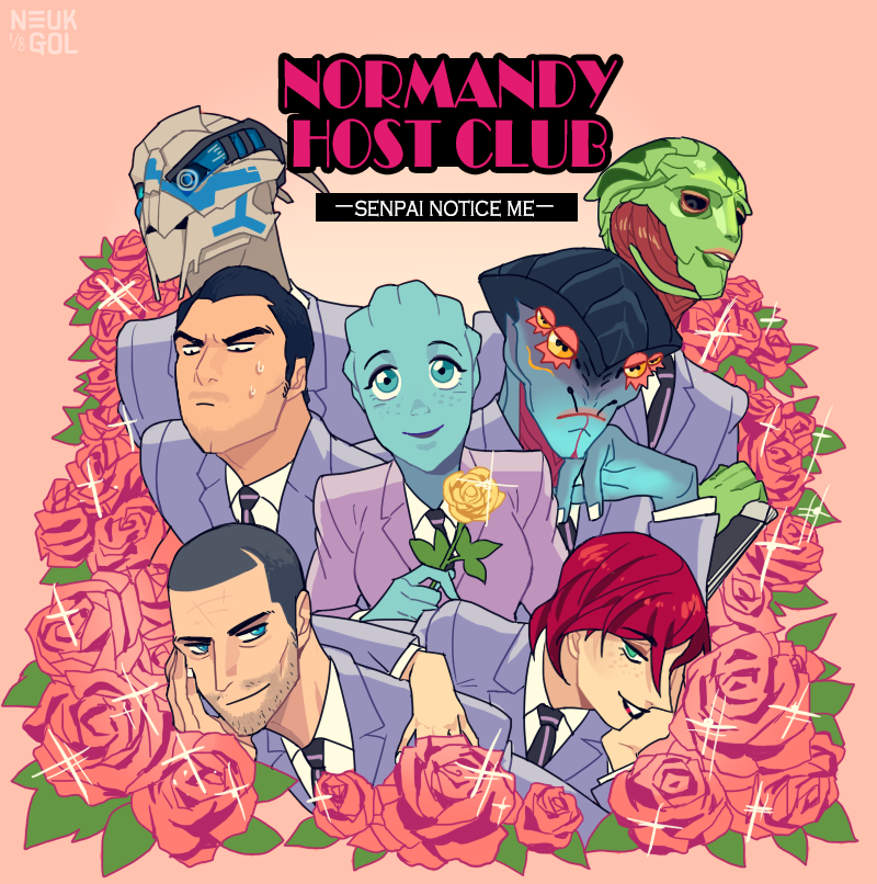 fujioka haruhi, commander shepard, liara t'soni, suou tamaki, hitachiin hikaru, and 9 more (mass effect and 2 more) drawn by neukgol