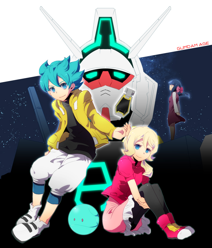 haro, gundam age-1, yurin leciel, flit asuno, emily armond, and 1 more (gundam and 1 more) drawn by kusa_chuu