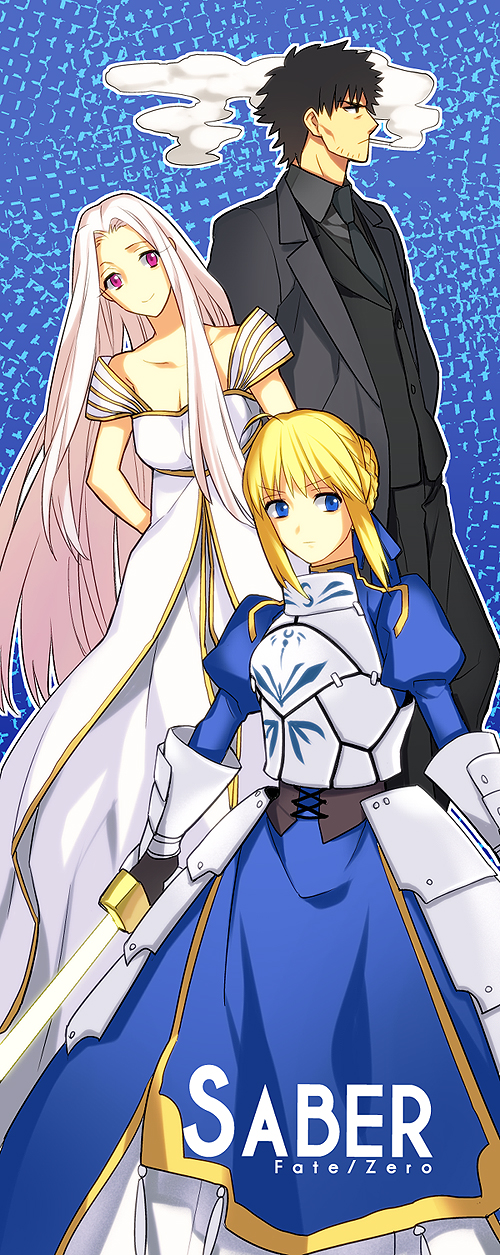 artoria pendragon, saber, emiya kiritsugu, and irisviel von einzbern (fate and 1 more) drawn by karaage_(sweet)