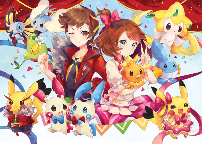 pikachu, may, brendan, jirachi, torchic, and 9 more (pokemon and 1 more) drawn by stephanie_lee