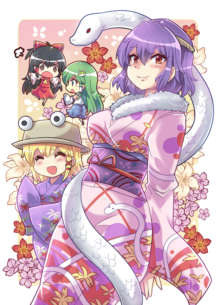 hakurei reimu, kochiya sanae, moriya suwako, yasaka kanako, and mishaguji (touhou) drawn by colonel_aki