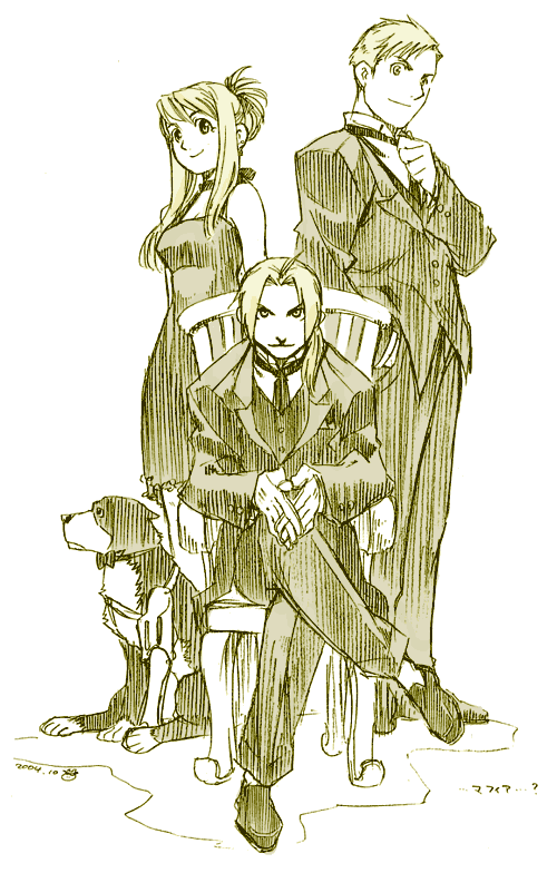 edward elric, alphonse elric, winry rockbell, and den (fullmetal alchemist) drawn by arakawa_hiromu