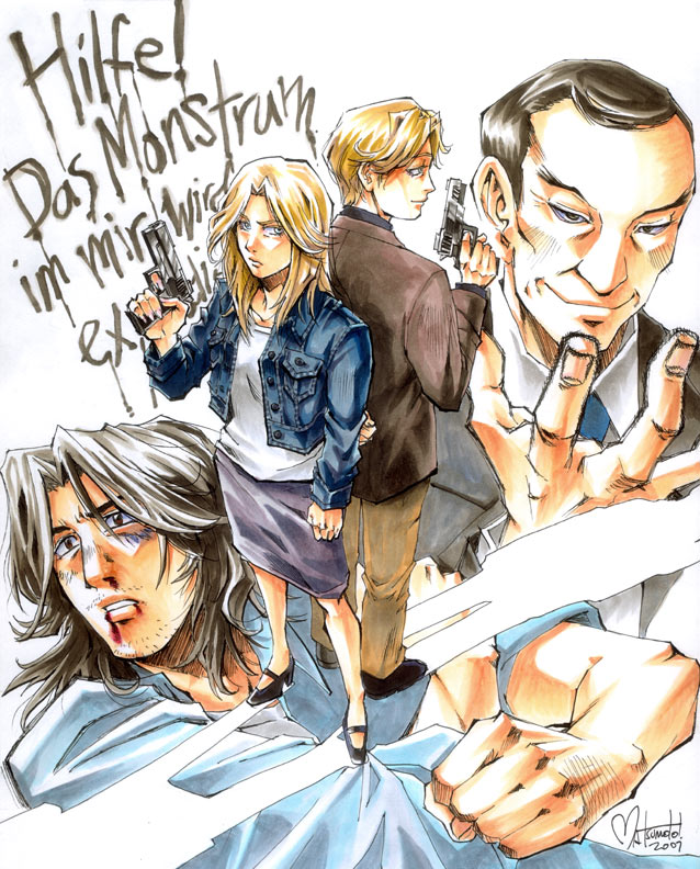 johan liebert, tenma kenzou, anna liebert, and heinrich lunge (monster) drawn by nina_matsumoto