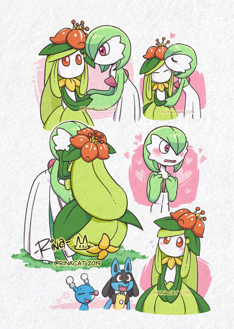 gardevoir, lucario, lilligant, and brionne (pokemon) drawn by rina_cat
