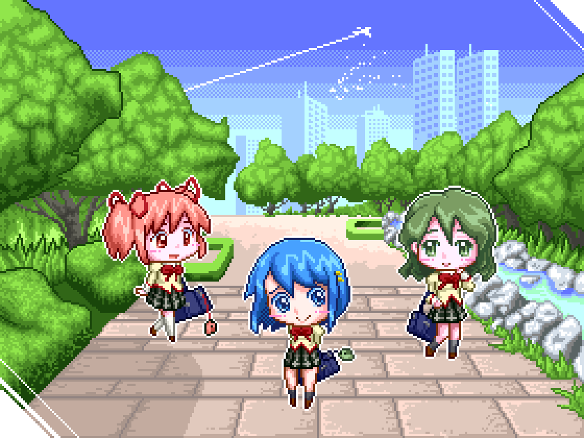 kaname madoka, miki sayaka, and shizuki hitomi (mahou shoujo madoka magica) drawn by kameyan_(ka_me_da)