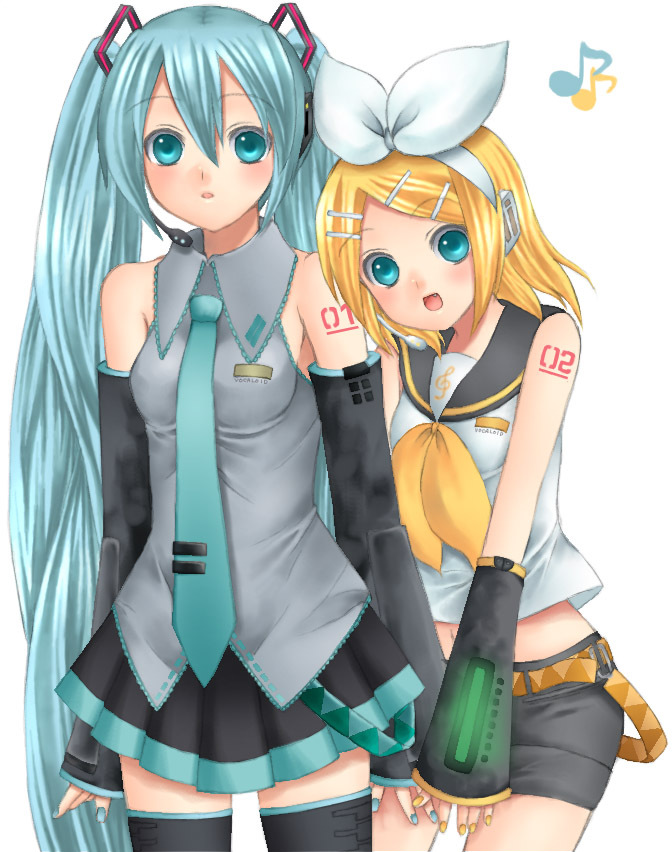 hatsune miku and kagamine rin (vocaloid) drawn by jenny_(je2live)