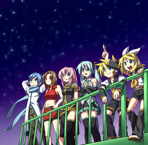 hatsune miku, kagamine rin, kagamine len, megurine luka, kaito, and 1 more (vocaloid) drawn by aisora