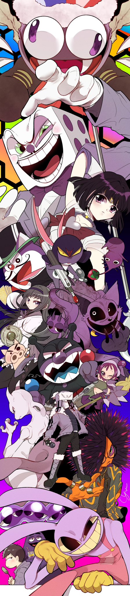 akemi homura, matsuno ichimatsu, tomoe hotaru, mewtwo, sailor saturn, and 15 more (pokemon and 20 more) drawn by ohyou_wake